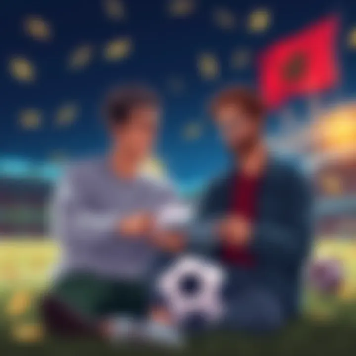 Betting on Soccer Match Illustration of two friends discussing betting strategies for the soccer match between France and Morocco, with a soccer ball and money symbols visible